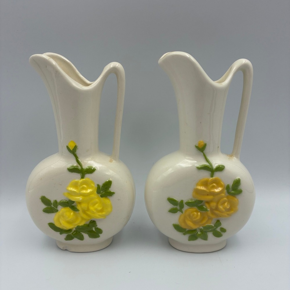 Vintage 1977 Hand Painted Yellow Rose Ceramic Bud Vase Pitcher Set of 2